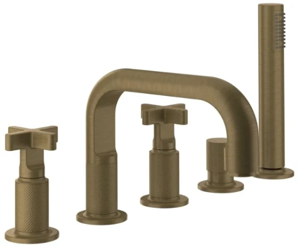 GESSI Inciso + Mélangeur bain-douche cinq trous sur plan avec inverseur, bec bec, flexibles 1,50m et douchette extractible anticalcaire. Antique Laiton