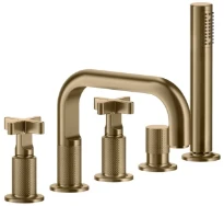 GESSI Inciso + Mélangeur bain-douche cinq trous sur plan avec inverseur, bec bec, flexibles 1,50m et douchette extractible anticalcaire. Warm Bronze Br. PVD
