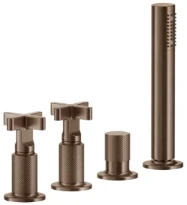 GESSI Inciso + Mélangeur bain-douche quatre trous avec inverseur, flexibles t 1,50m et douchette extractible anticalcaire. Cuivre Brossé PVD