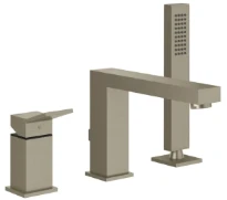 GESSI Rettangolo K Mitigeur bain-douche trois trous avec bec, inverseur, flexibles de raccordement 1,50m et douchette extractible anticalcaire. Inverseur sur le bec. Finox Brushed Nickel
