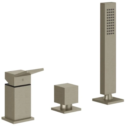 GESSI Rettangolo K Mitigeur bain-douche trois trous avec bec, inverseur, flexibles 1,50m et douchette extractible anticalcaire. Inverseur sur le bec. Finox Brushed Nickel