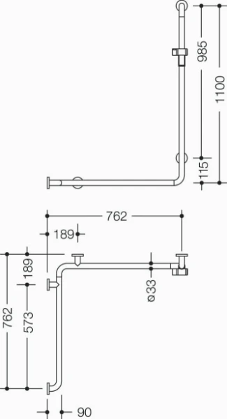 HEWI barre maint.douche/bagn. ,B5,A1= 1100,W1=762,W2=762, g., blanc pur