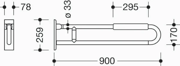 HEWI barre d`appui relevable ,L=900mm, fixe,av.rembourrage, blanc de sécurité