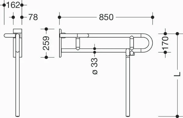HEWI barre d`appui relevable ,L=850mm, droite,supp.d.planchAD, blanc pur