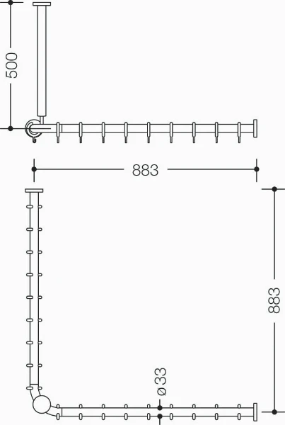 HEWI tringle à rideau , racc.,A1/2=883, supp.plafond A=500, blanc pur