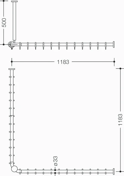 HEWI tringle à rideau , racc.,A1/2=1183, supp.plafond A=500, blanc pur