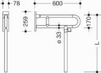 HEWI barre d`appui relevable ,L=600mm, av. supp. de plancher, blanc de sécurité
