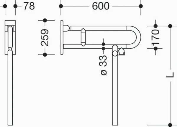 HEWI barre d`appui relevable ,L=600mm, av. supp. de plancher, blanc de sécurité