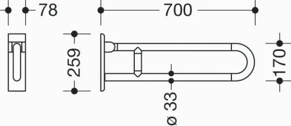 HEWI barre d`appui relevable ,L=700mm, fixe, noir foncé