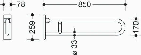 Hewi 801 barre d`appui relevable ,L=850mm, fixe, blanc de sécurité