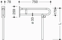 HEWI barre d`appui relevable ,L=750mm, av. supp. de plancher, blanc pur
