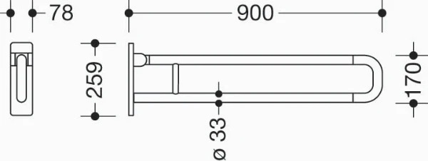 HEWI barre d`appui relevable ,L=900mm, fixe, blanc de sécurité
