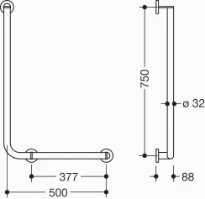 Hewi 900 L-barre de maintien coudée ,dr.,A1=750,W1= 500, Ø32/32,chromé
