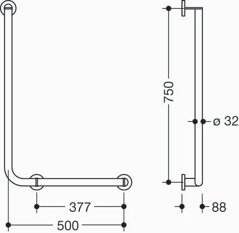 Hewi Systeem 900 hoeksteun - 32/32 - re. - A1=750 - W1= 500 - 32/32 - chroom