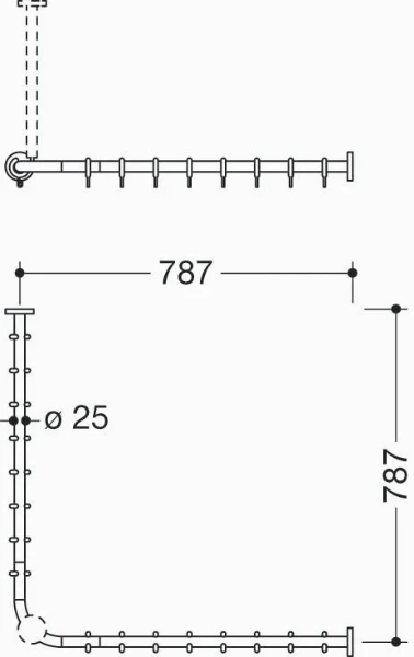HEWI tringle à rideau , Ø25 A1/A2=783, 16 anneaux, brossée