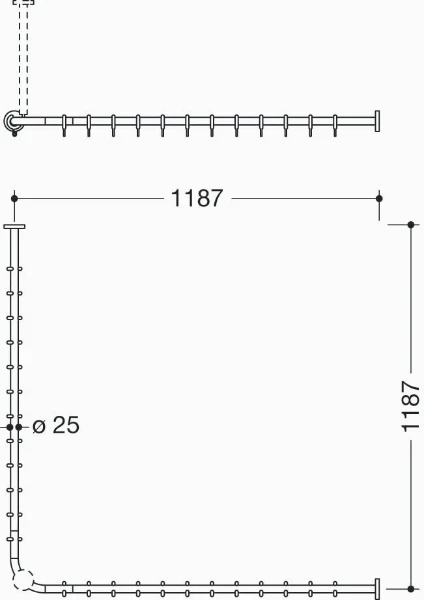 Hewi 900 tringle à rideau , Ø25 A1/A2=1183, 24 anneaux,brossée