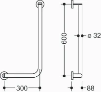 HEWI L-barre main.coudée ,ga.,A1=600,W1= 300,Ø32/32,brossée