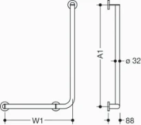 HEWI L-barre main.coudée ,ga.,A1/W1= variable,Ø32/32,brossée