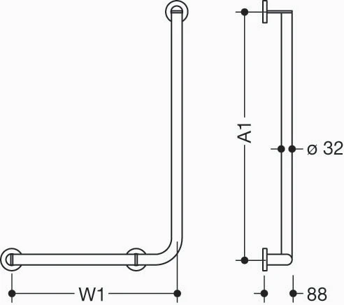 HEWI L-barre main.coudée ,ga.,A1/W1= variable,Ø32/32,brossée