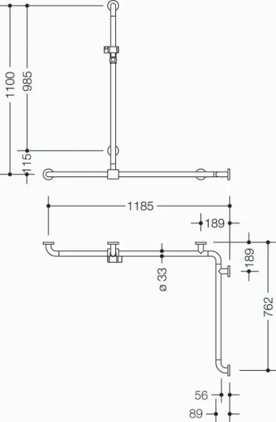 HEWI barr douche/bagn.,A1=1100,W1=1185, W2=762,coul.,BM211.6, blanc de sécurité