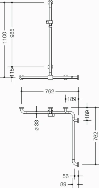 HEWI barr douche/bagn.,A1=1100,W1=762,W2= 762,coul.,BM211.6, blanc pur