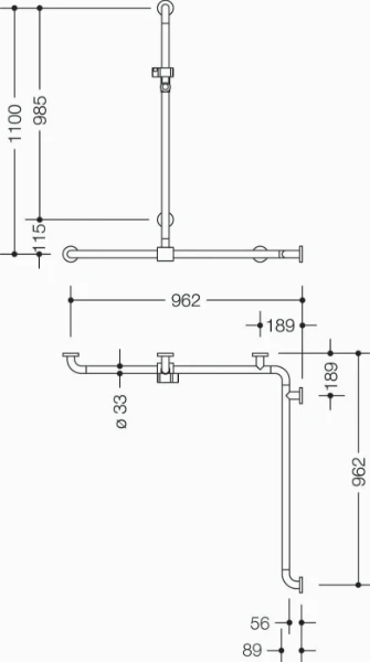 HEWI barr douche/bagn.,A1=1100,W1=962,W2= 962,coul.,BM211.6, blanc pur