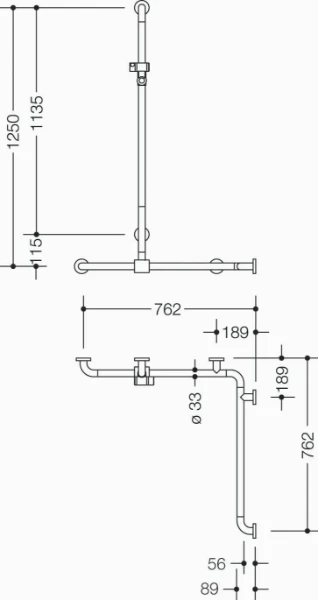 HEWI barr douche/bagn.,A1=1250,W1=762,W2= 762,coul.,BM211.6, blanc de sécurité