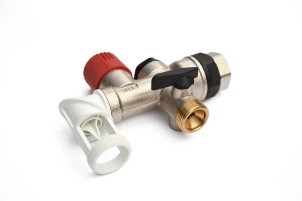 ProOne boilerveiligheidsgroep draaibare afvoer MF EK3/4 x 3/4 - met 1 electrolysekoppeling - inox zitting - rood