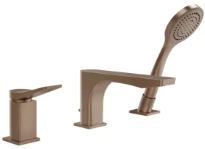 GESSI Rilievo Mélangeur bain-douche trois trous avec bec, inverseur, flexibles de raccordement 1,50m et douchette anticalcaire. Inverseur surle bec. Cuivre Brossé PVD