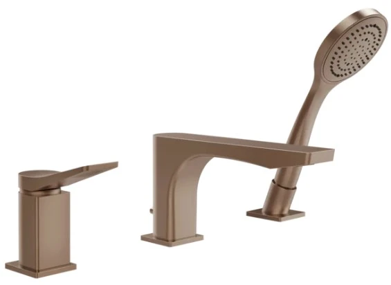 GESSI Rilievo Mélangeur bain-douche trois trous avec bec, inverseur, flexibles de raccordement 1,50m et douchette anticalcaire. Inverseur surle bec. Cuivre Brossé PVD