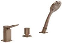 GESSI Rilievo Mélangeur bain-douche trois trous avec inverseur, flexibles de raccordement 1,50m et douchette anticalcaire, sortie coudée. Cuivre Brossé PVD