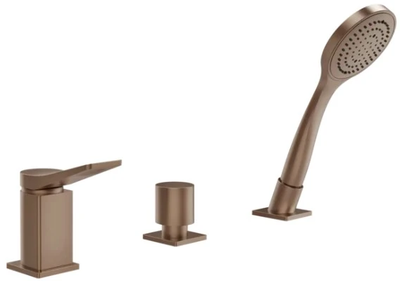 GESSI Rilievo Mélangeur bain-douche trois trous avec inverseur, flexibles de raccordement 1,50m et douchette anticalcaire, sortie coudée. Cuivre Brossé PVD
