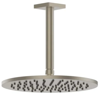 Gessi Rilievo douche de tête anticalcaire orientable avec bras au plafond, longueur à la demande. Finox nickel brossé