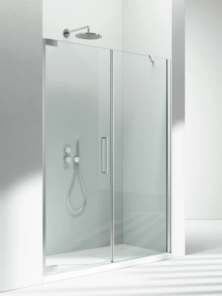 Vismara Flare 2.0 F2 douchedraaideur met vaste wand in lijn 2000 x 1160-1195 mm - glas 8 mm - transparant - profiel zilver glanzend - bestaat uit 2 colli's