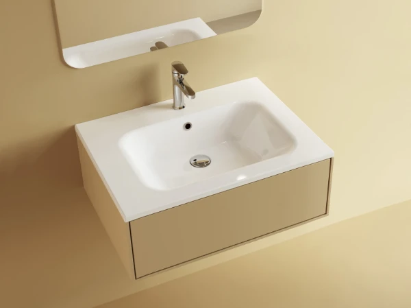 Procasa Klaire tablette en marbre artificiel avec 1 vasque central 700 x 460 mm - blanc brillant - robinetterie pré-percé