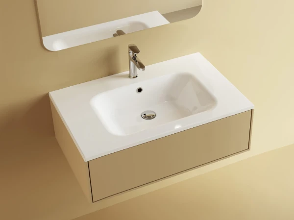 Procasa Klaire tablette en marbre artificiel avec 1 vasque central 800 x 460 mm - blanc brillant - robinetterie pré-percé