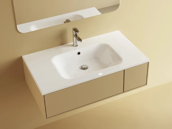 Procasa Klaire tablette en marbre artificiel avec 1 vasque central 900 x 460 mm - blanc mat - robinetterie pré-percé