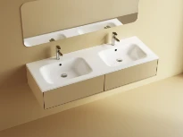 Procasa Klaire tablette en marbre artificiel avec 2 vasques 1400 x 460 mm - blanc brillant - robinetterie pré-percé