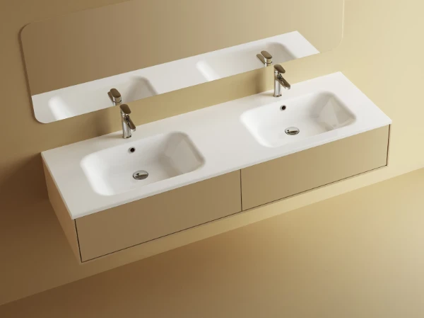 Procasa Klaire tablette en marbre artificiel avec 2 vasques 1600 x 460 mm - blanc brillant - robinetterie pré-percé