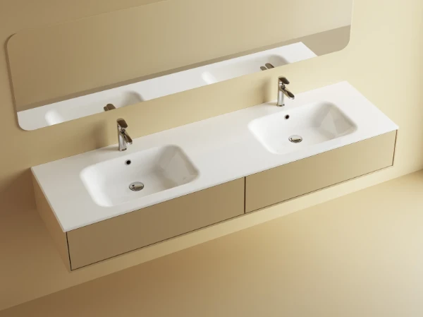 Procasa Klaire tablette en marbre artificiel avec 2 vasques 1800 x 460 mm - blanc brillant - robinetterie pré-percé