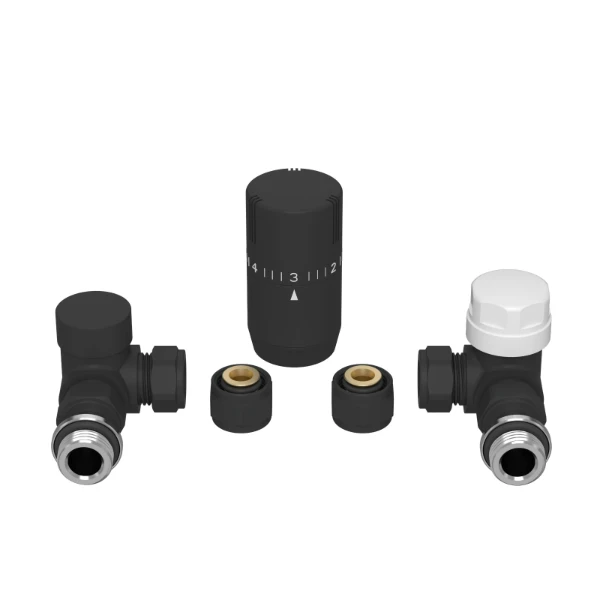 ProOne Radect radiatoraansluitset 4 met haakse regelbare koppelingen en puntstuk met O-ring - zwart mat