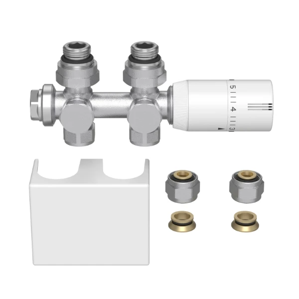 ProOne Radect universele\radiatoraansluitset met\thermostatiseerbare H-stuk\recht of haaks + thermostaatkop\met afdekkap - wit mat - inclusief koppelingen 15 mm / 16x2 mm