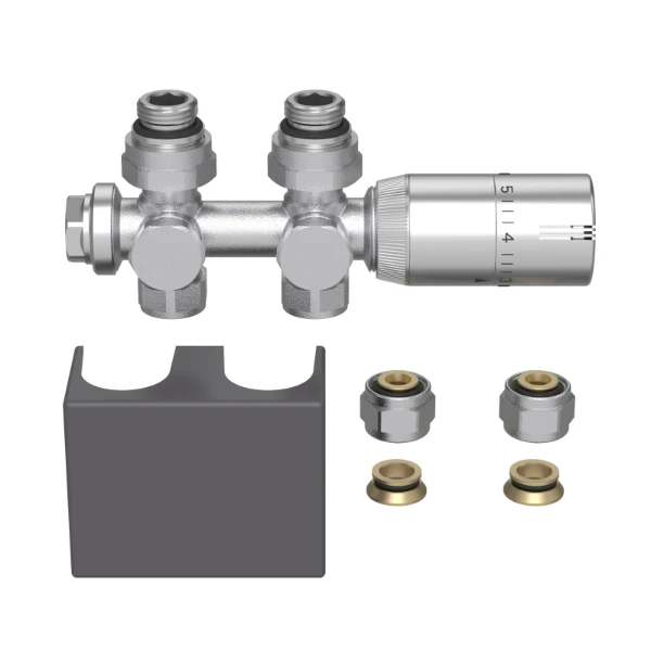 ProOne Radect universele\radiatoraansluitset met\thermostatiseerbare H-stuk\recht of haaks + thermostaatkop\met afdekkap - grijs - inclusief koppelingen 15 mm / 16x2 mm