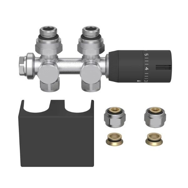ProOne Radect universele\radiatoraansluitset met\thermostatiseerbare H-stuk\recht of haaks + thermostaatkop\met afdekkap - zwart mat - inclusief koppelingen 15 mm / 16x2 mm