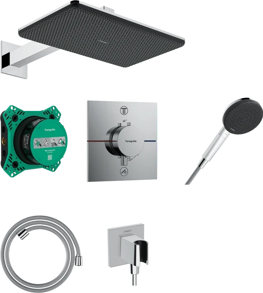 Hansgrohe Raindance Alive Q ShowerSet 210 x 340 mm 1jet EcoSmart avec thermostat - iBox universal 2 - douchette à main 125 mm - flexible de douche textile 1600 mm - chromé