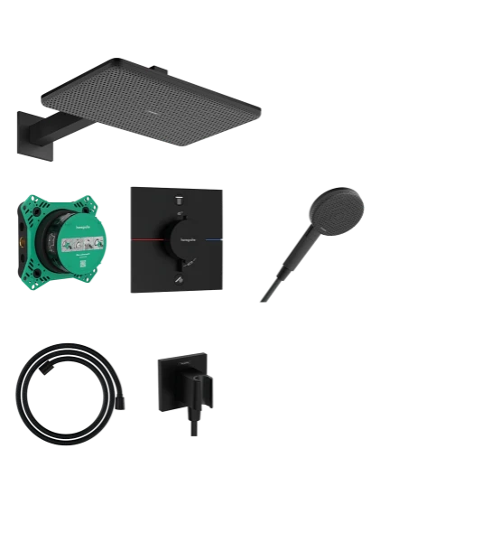 Hansgrohe Raindance Alive Q ShowerSet 210 x 340 mm 1jet EcoSmart avec thermostat - iBox universal 2 - douchette à main 125 mm - flexible de douche textile 1600 mm - Matt Black