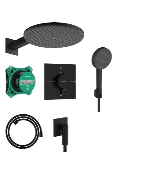 Hansgrohe Raindance Alive Q ShowerSet 300 mm 1jet EcoSmart avec thermostat - iBox universal 2 - douchette à main 125 mm - flexible de douche textile 1600 mm - Matt Black