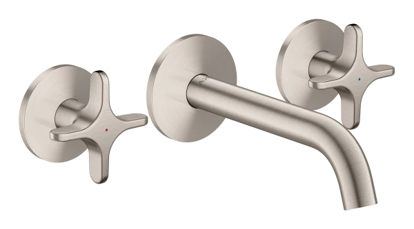 Hansgrohe Axor One mitigeur lavabo 3 trous pour montage encastré mural avec bec 160 mm et poignées en croix - Stainless Steel Optic