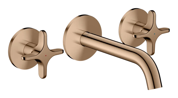 Hansgrohe Axor One mitigeur lavabo 3 trous pour montage encastré mural avec bec 160 mm et poignées en croix - Polished Red Gold