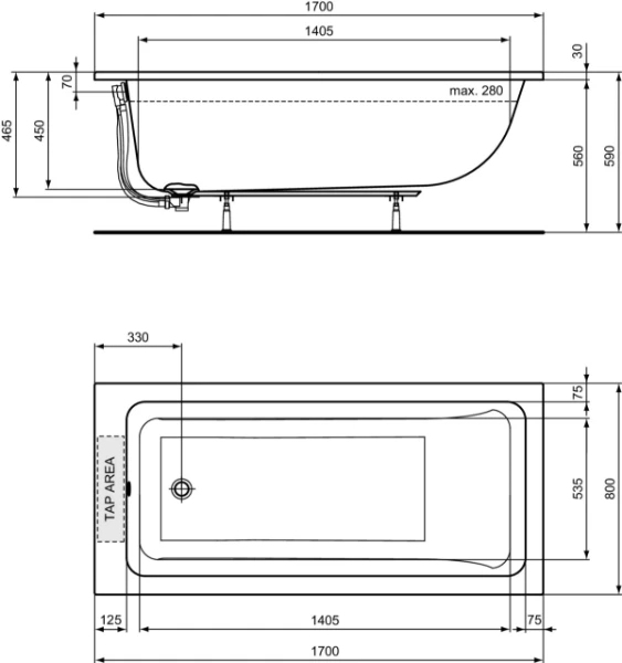 Ideal Standard La Dolce Vita baignoire acryl 1700 x 800 mm - blanc